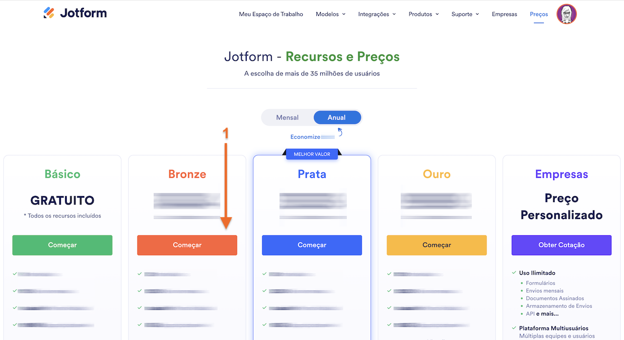 Preços e Recursos Jotform