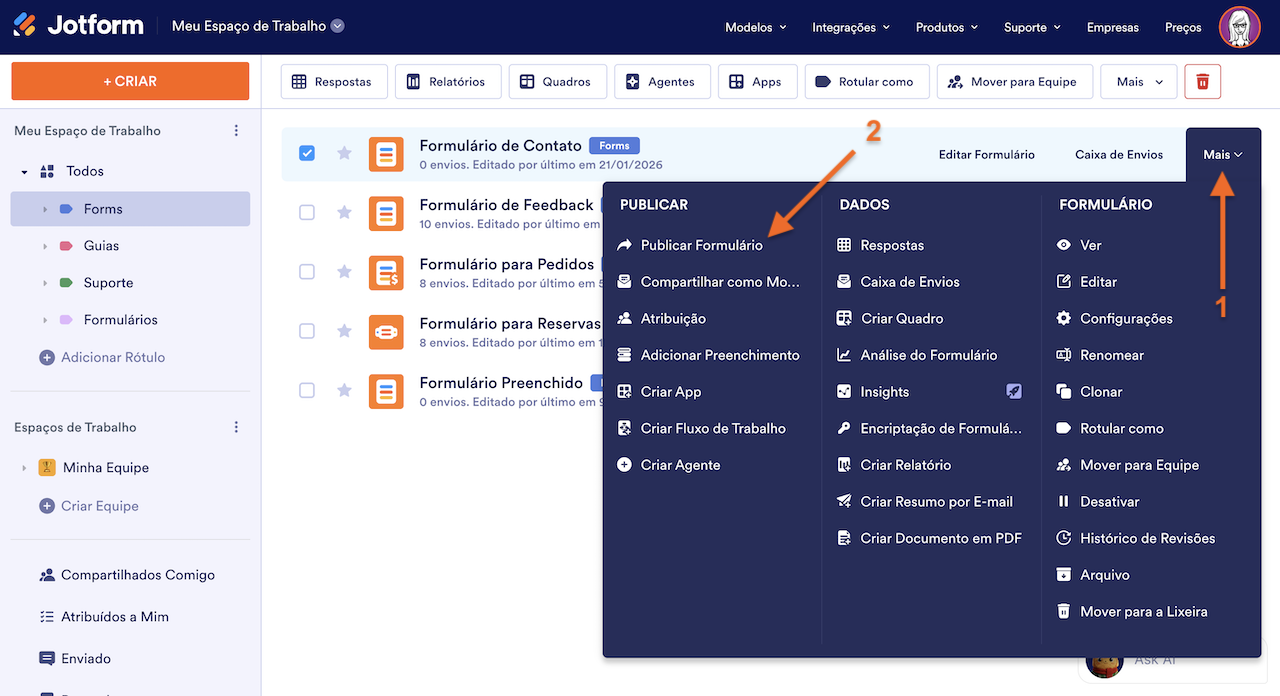 Publicar Formulário no Menu Mais