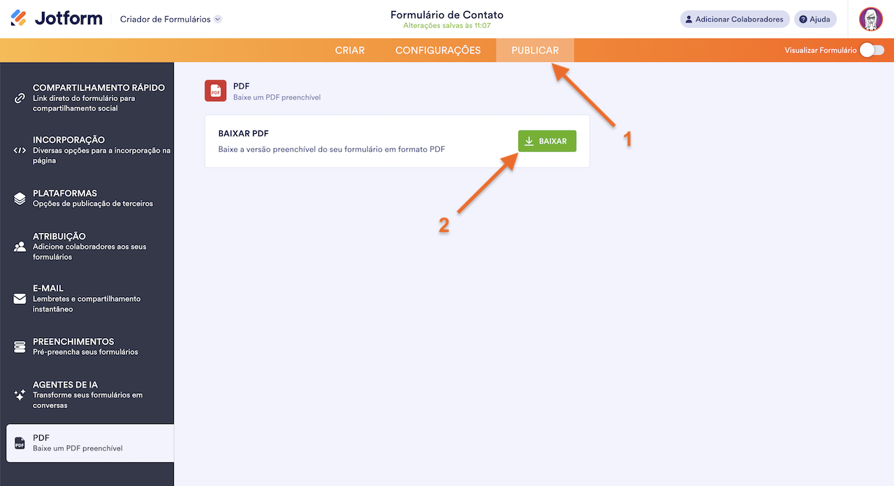 Acessando Baixar PDF no Criador de Formulários