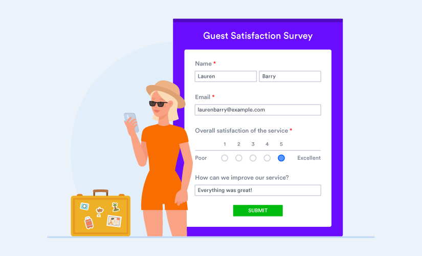 Woman filling out online guest satisfaction survey