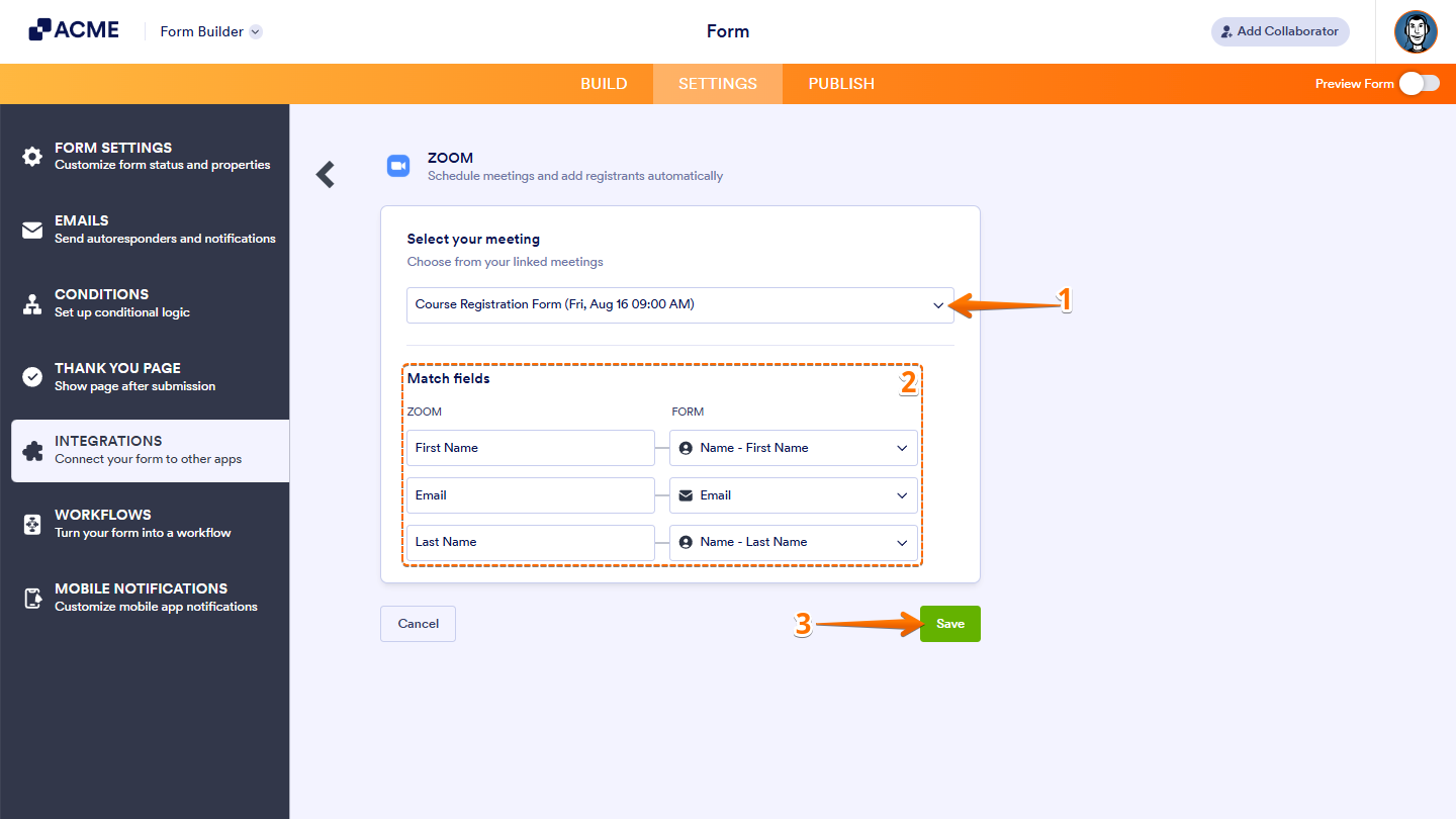 Match fields in Zoom integration settings