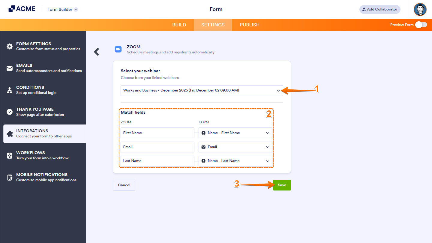 Match fields in Zoom integration settings