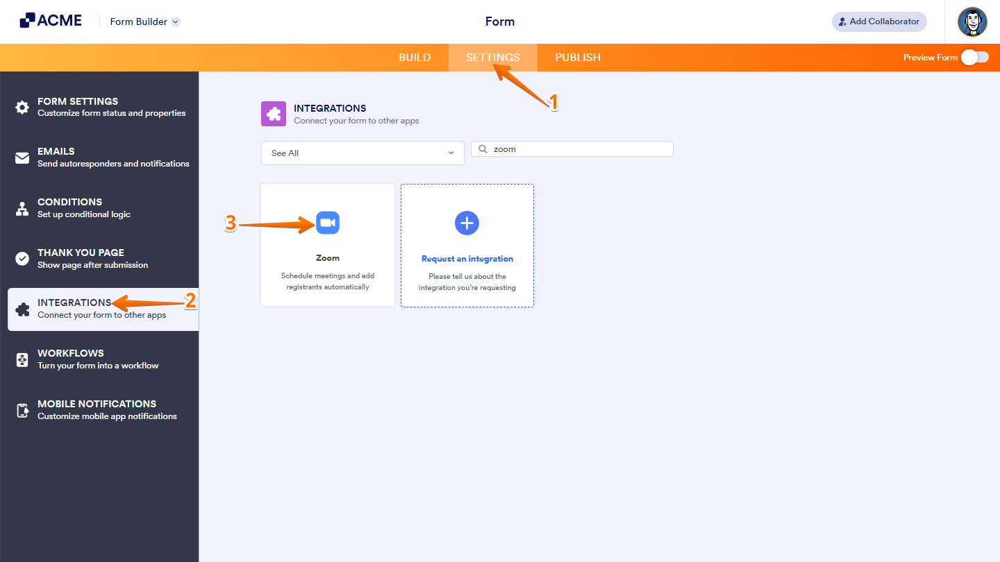 Zoom integration option in the Integrations section of the Form Builder