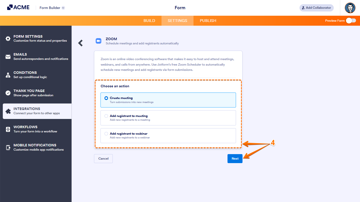 Zoom integration option in the Integrations section of the Form Builder