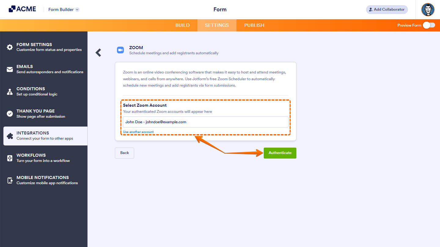 Select Zoom Account in the Zoom integration settings