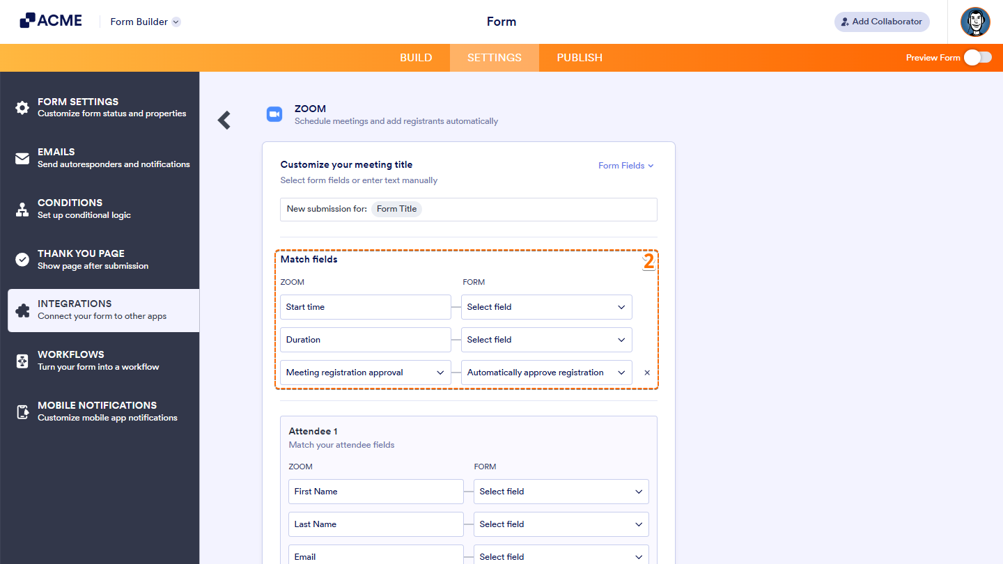 Match fields in the Zoom Integration Settings