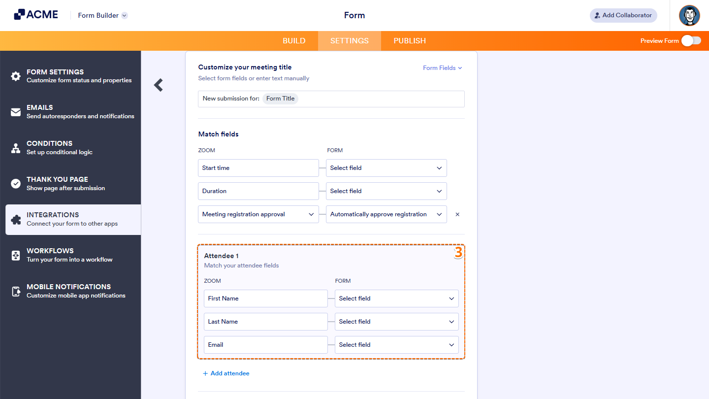 Attendee e in the Zoom Integration Settings