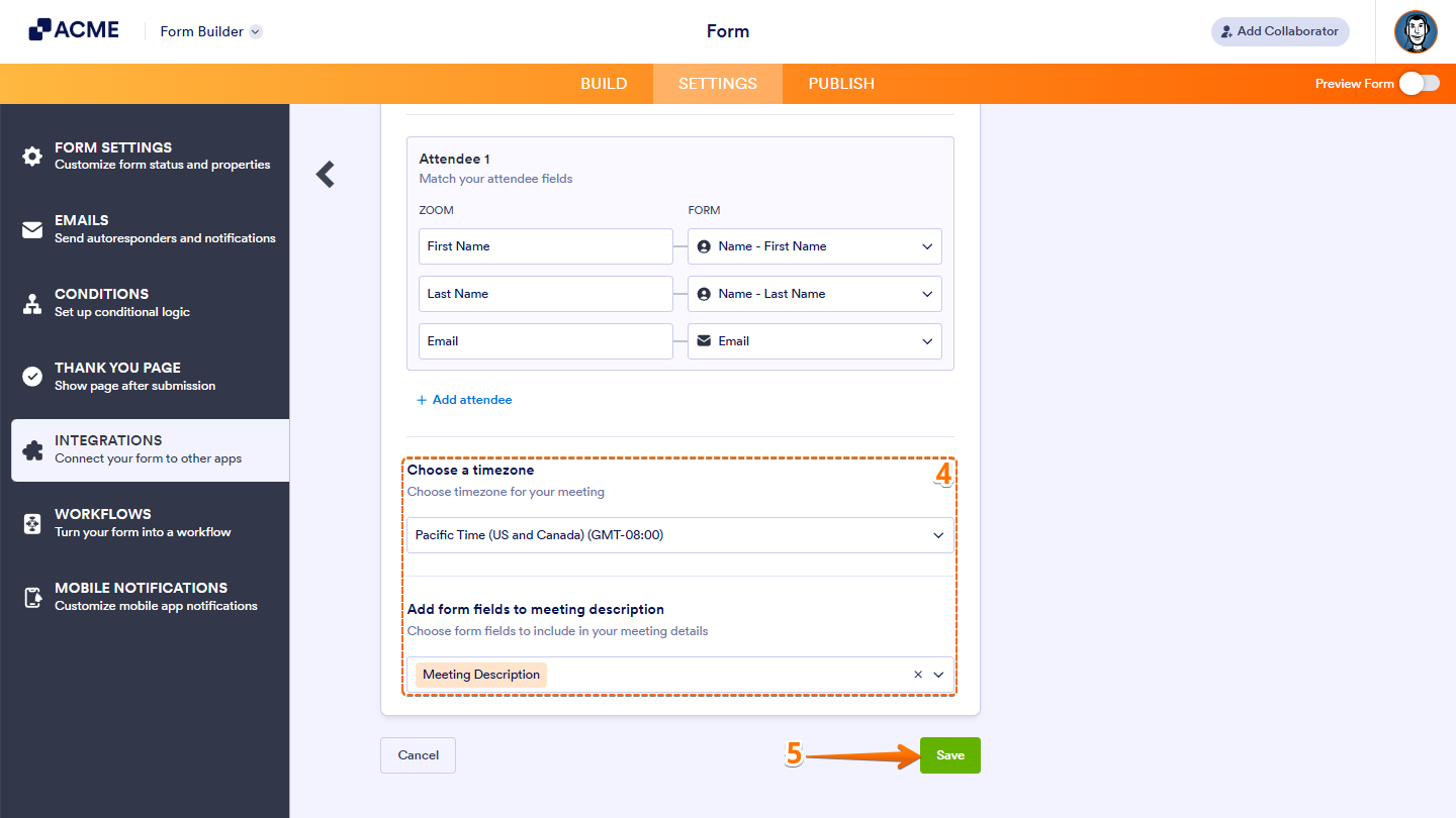 Choose a timezone and Add form fields to meeting description dropdowns in the Zoom Integration Settings