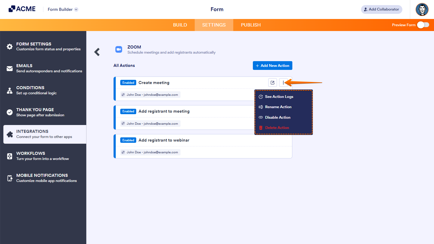 Action options in Zoom integration settings