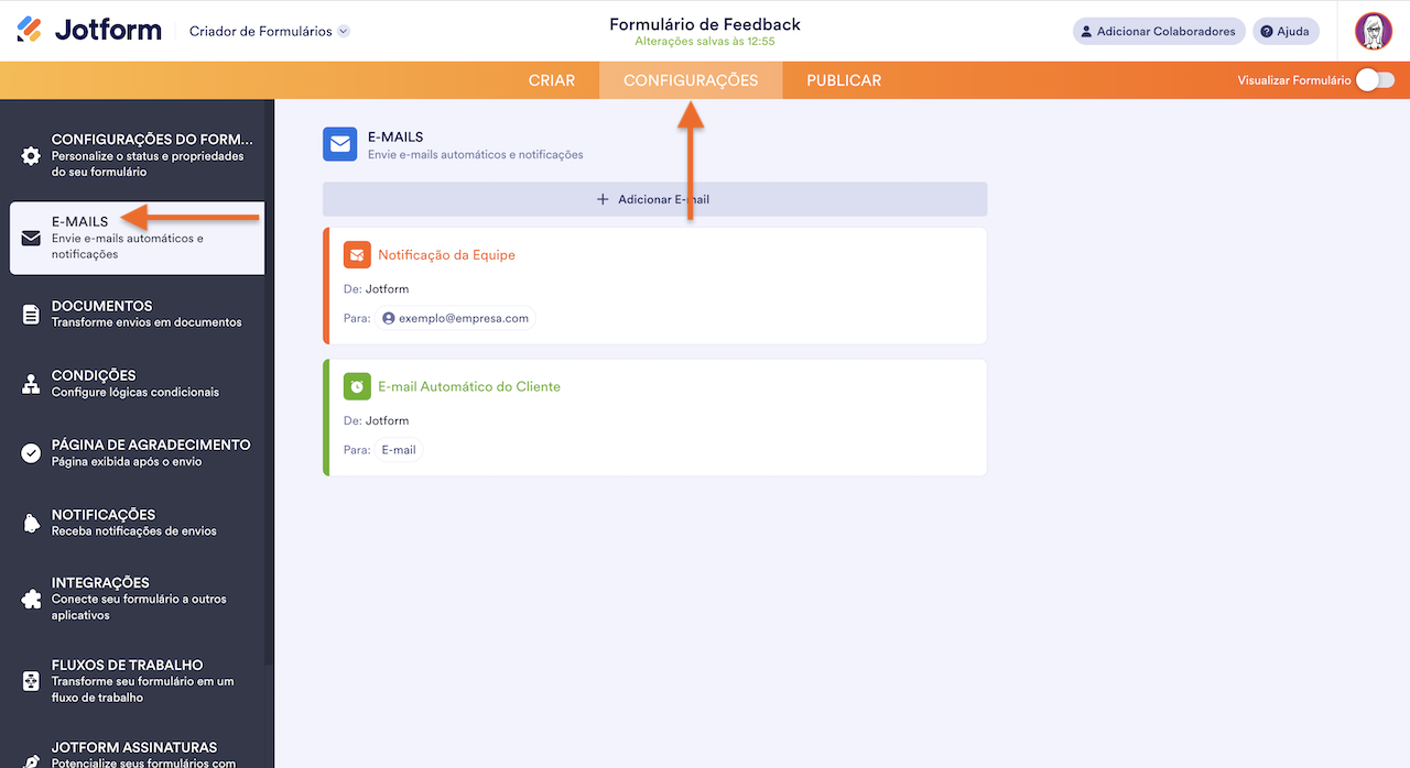 Aba E-mails no Criador de Formulários