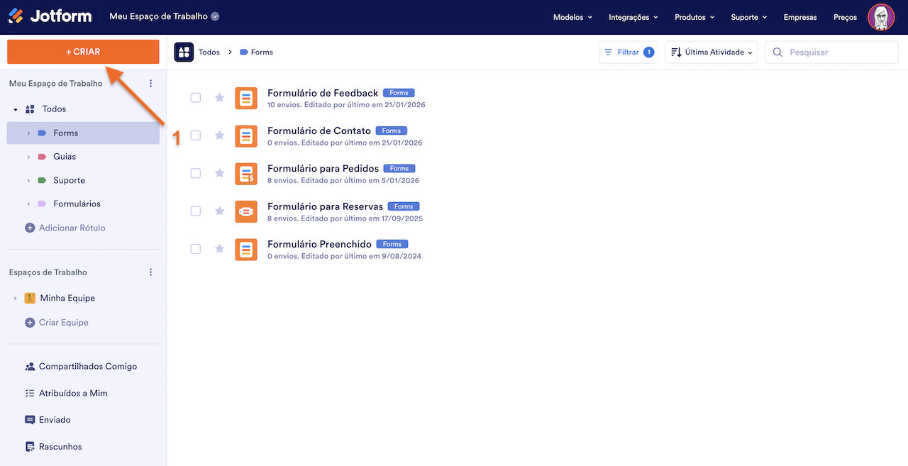 Clicando em Criar no Meu Espaço de Trabalho