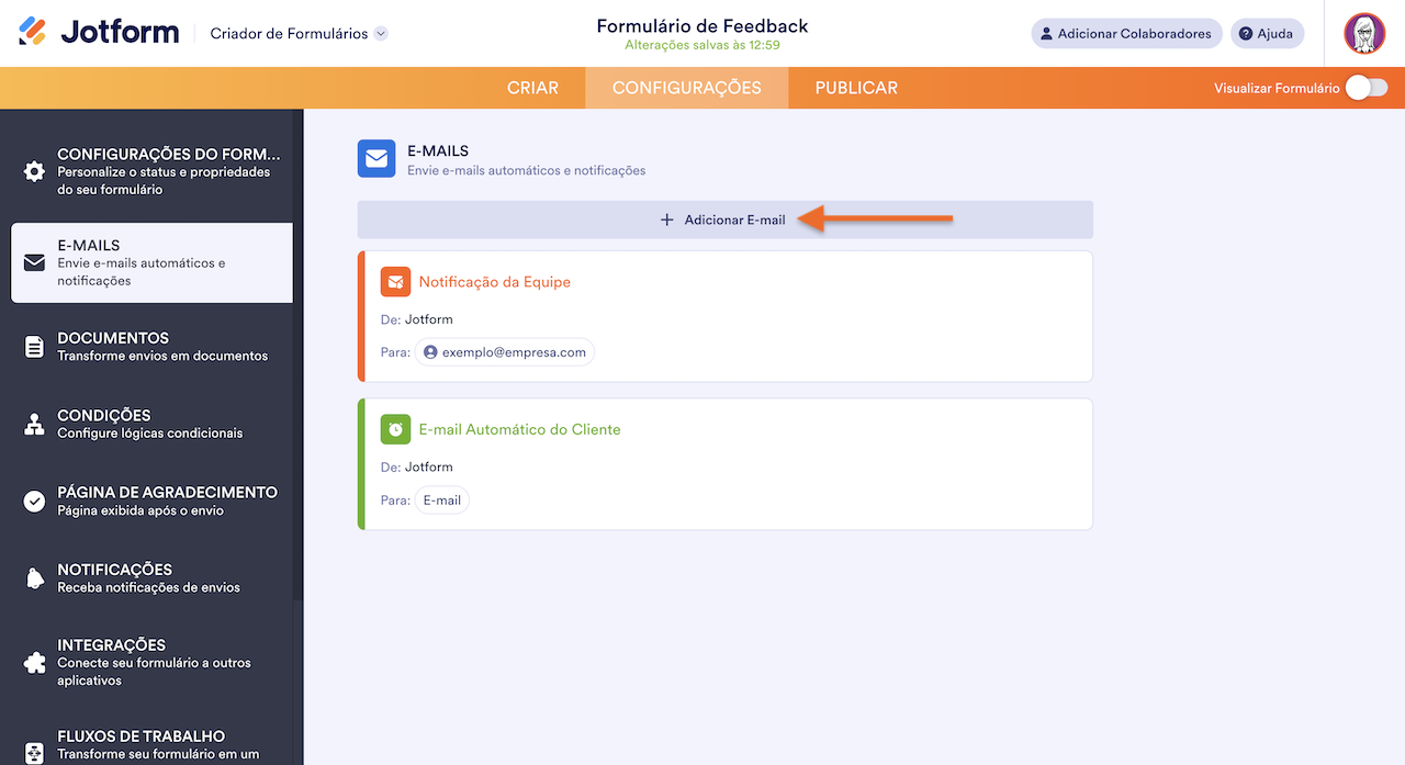 Adicionando Novo Email