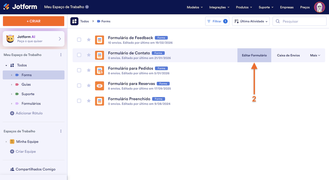 Selecionando Editar Formulário