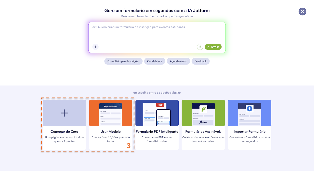 Selecionando Maneira de Criação