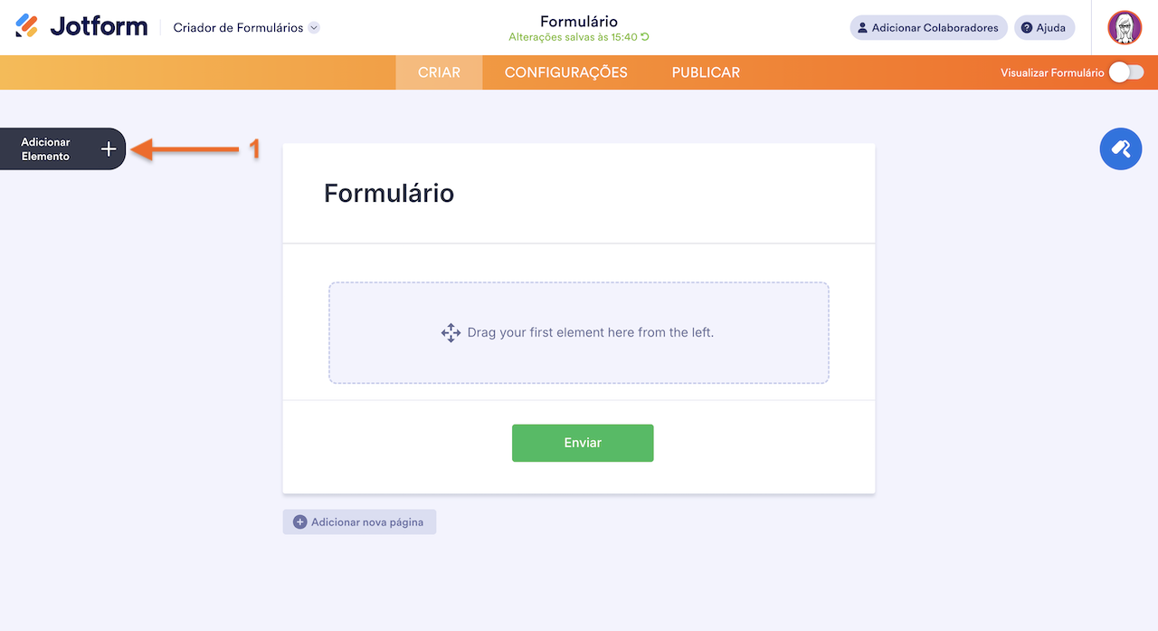 Abrindo Menu de Elementos no Criador de Formulários
