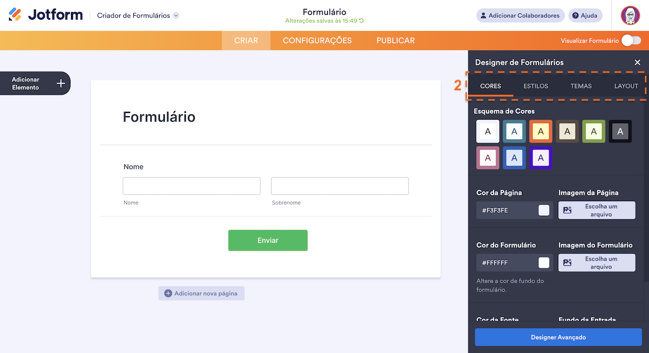 Abas do Designer de Formulários