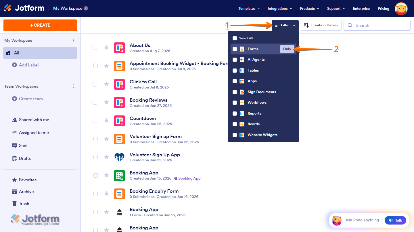 Jotform Workspace page showing the Type dropdown menu with only the Forms option checked