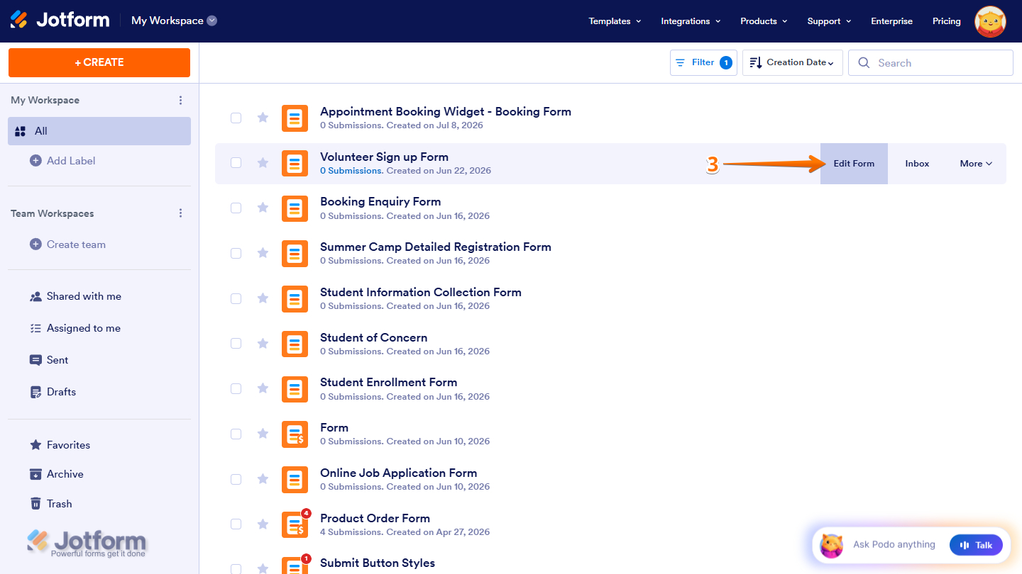 Hovering over a form in Jotform Workspace and clicking Edit Form on the right side to open it in Form Builder