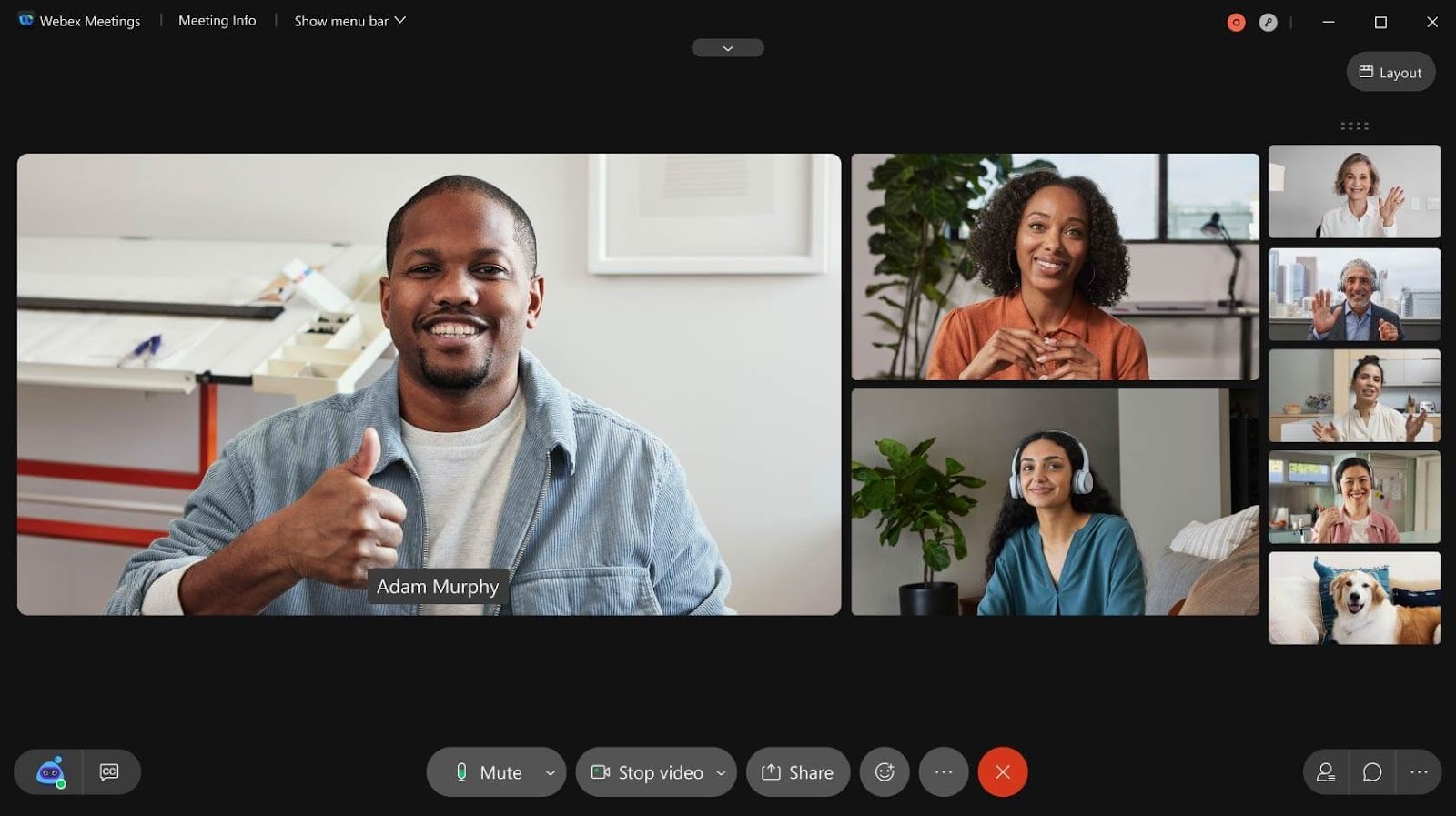Webex video meeting interface with multiple participants visible in a grid during a virtual meeting