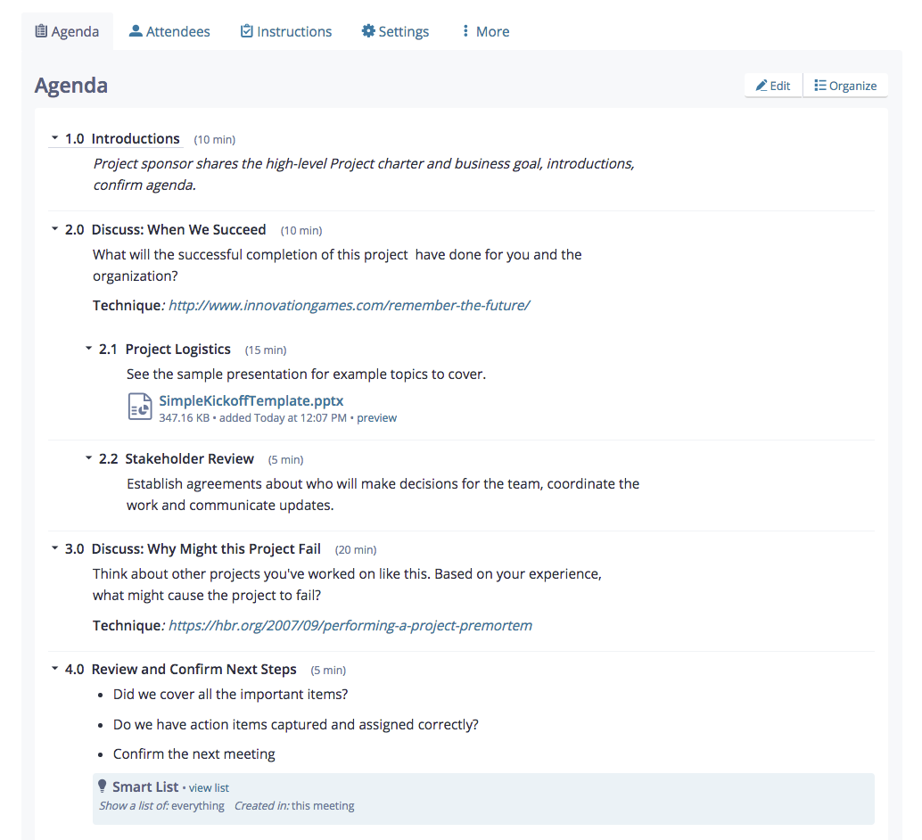 Meeting agenda template showing sections for introductions, project logistics, stakeholder review, and next steps