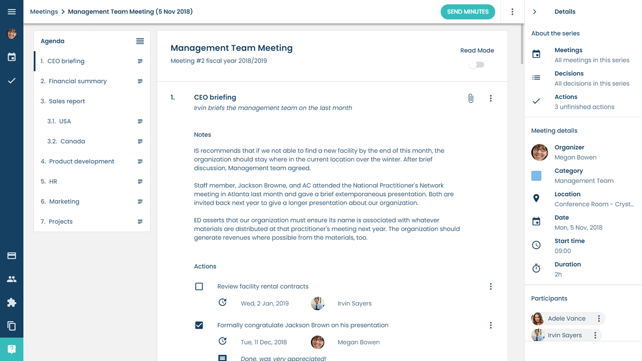Stratsys Meetings' dashboard displaying a management team meeting agenda, notes, action items, and participant details