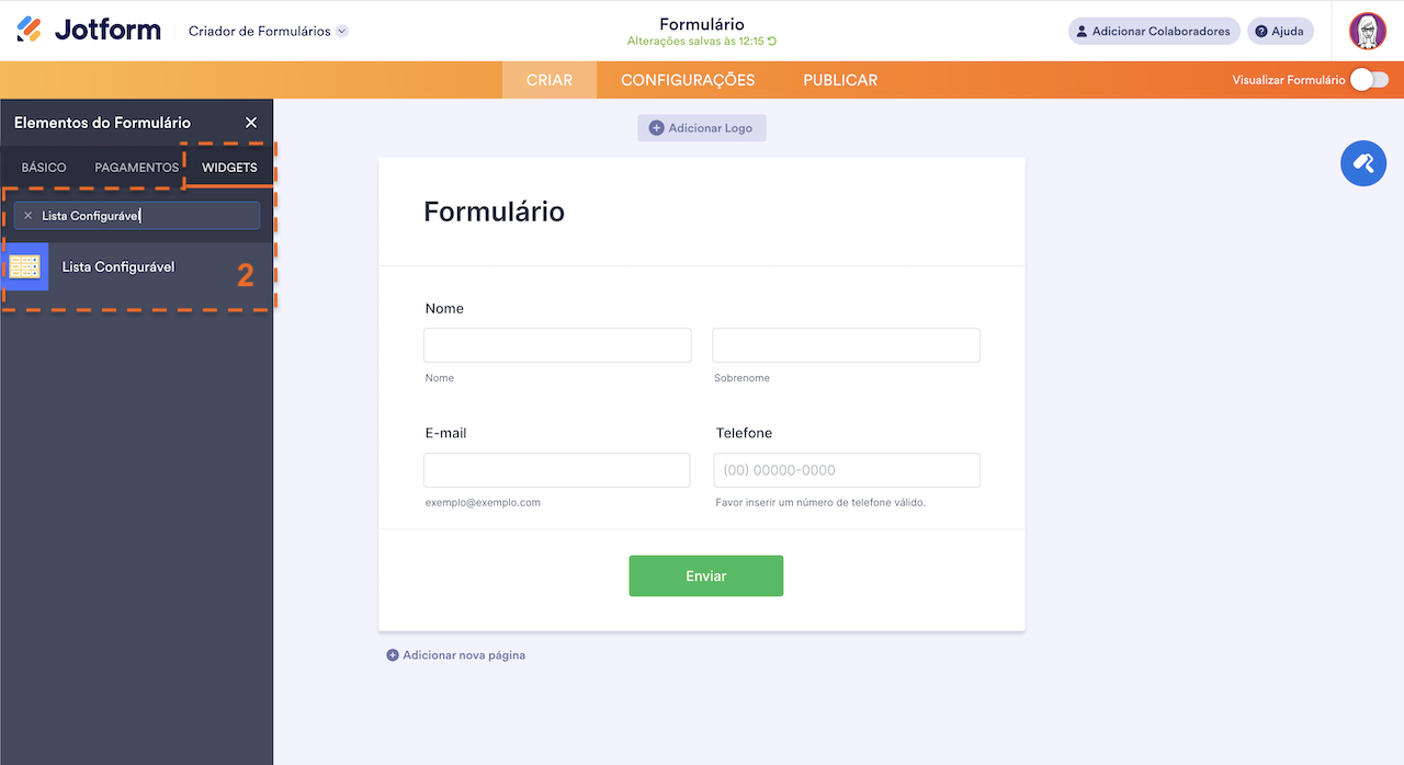 Adicionando Widget Lista Configurável