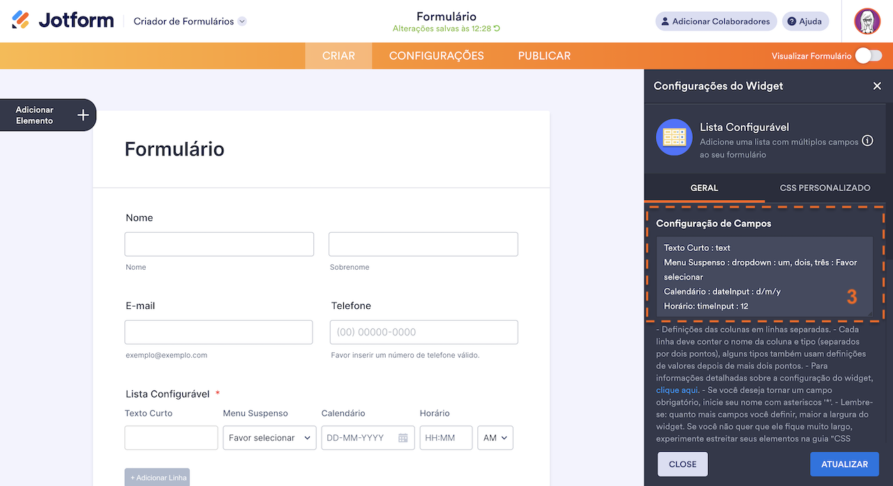 Configurando o Widget Lista Configurável