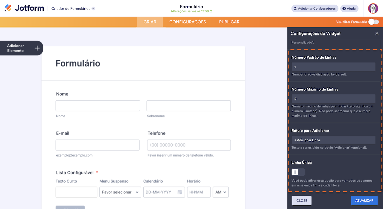 Opções Adicionais do Widget