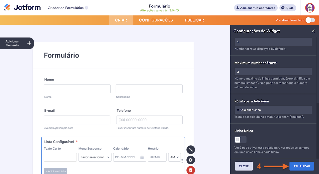 Clicando em Atualizar
