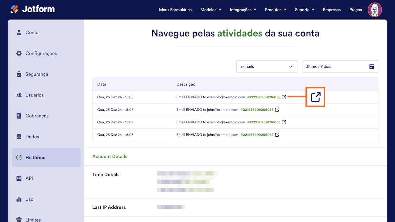Acessando detalhes do envio do e-mail do seu formulário
