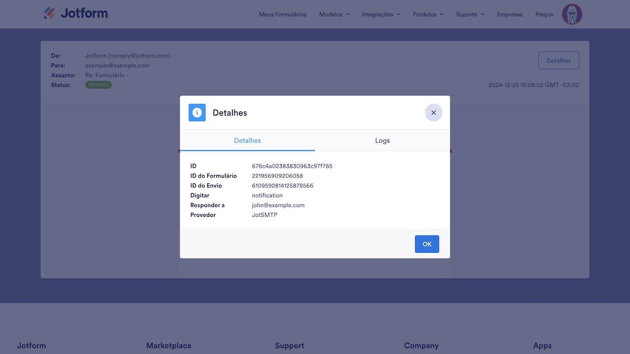 Detalhes do envio do e-mail do seu formulário