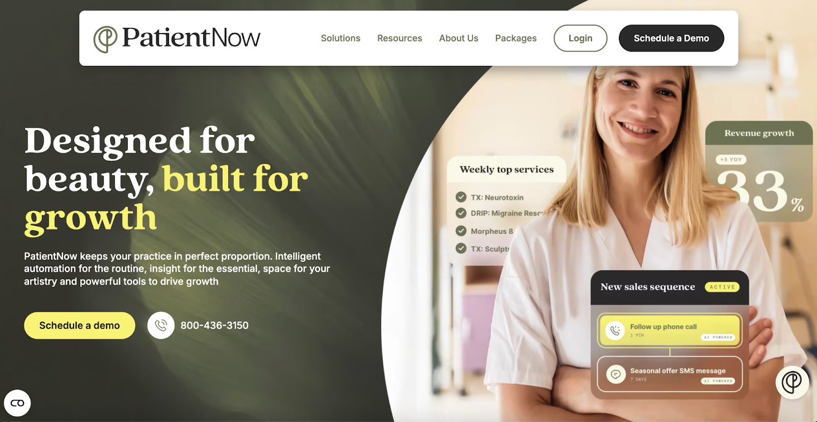 Screenshot of PatientNow's landing page, showing a headline "Designed for beauty, built for growth"