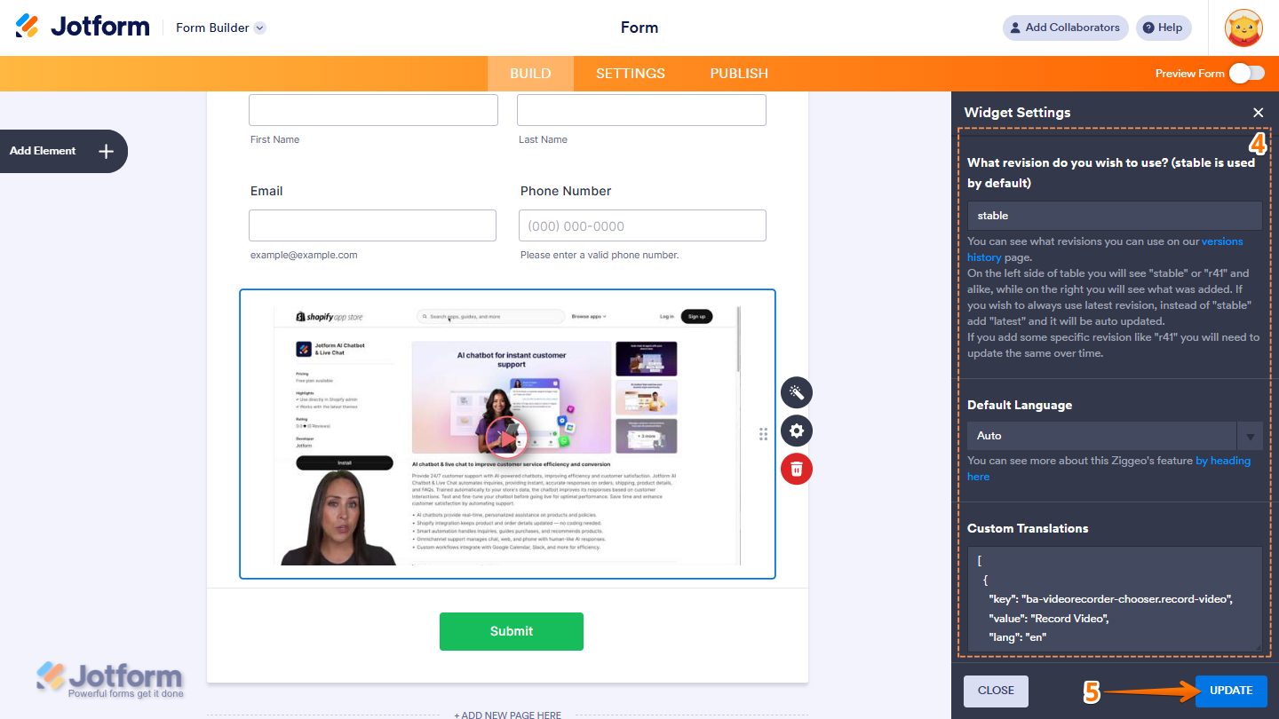 Widget Settings showing Revision Default Language Custom Translations fields and Update button in Jotform