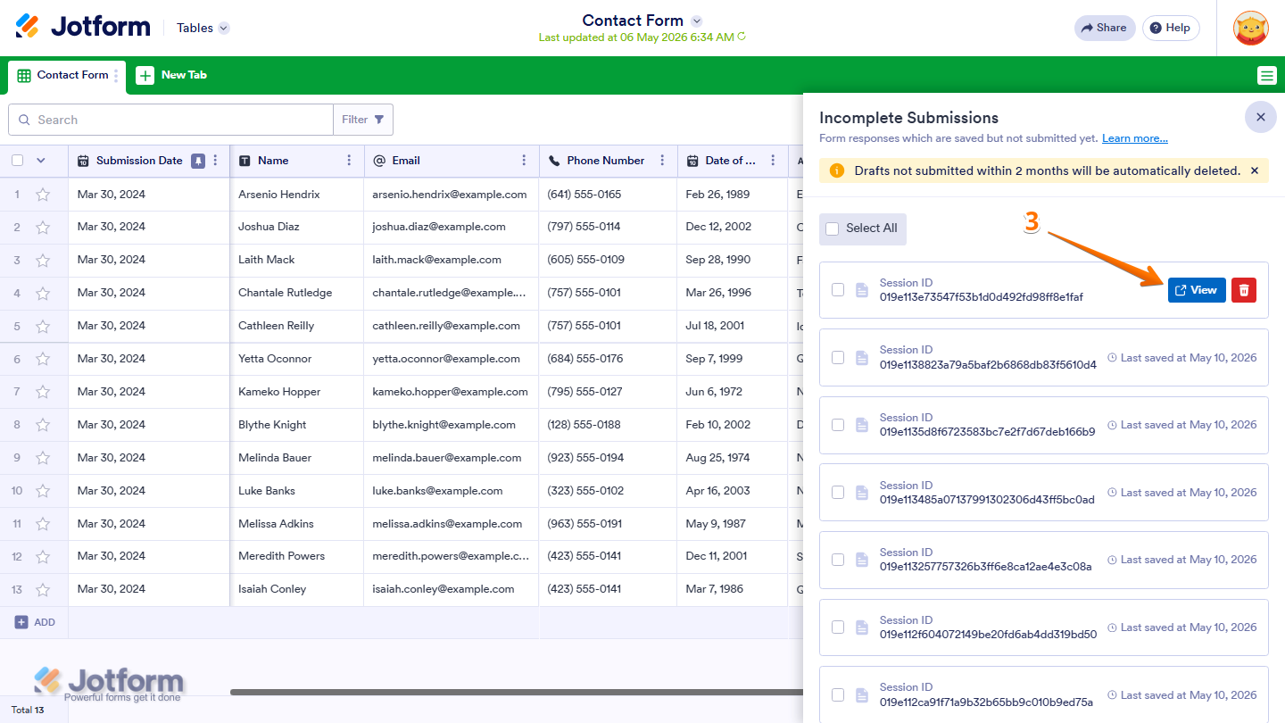 Incomplete Submissions list showing View option for selected entry in Jotform