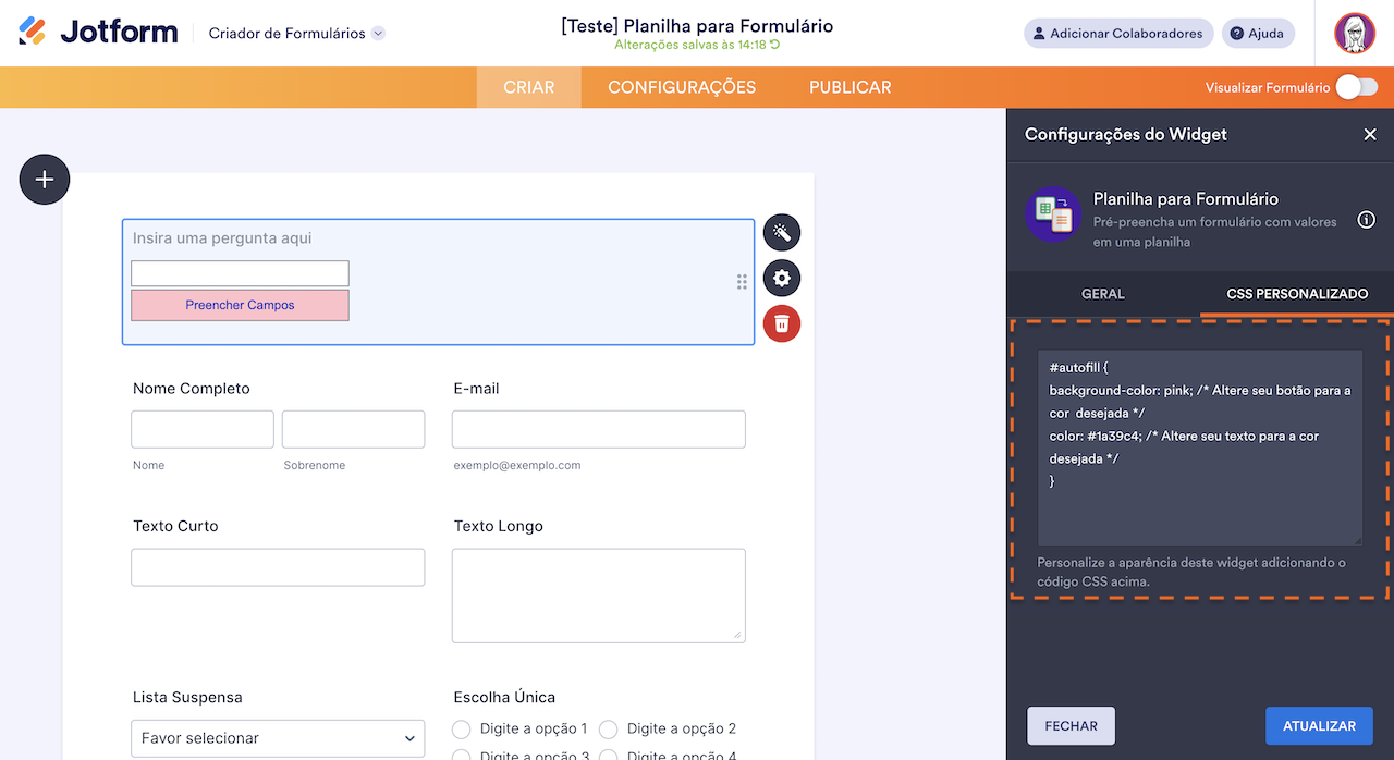 Injetando códigos CSS no widget