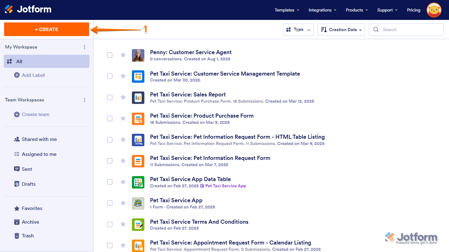 Create Asset button on the Jotform My Workspace page
