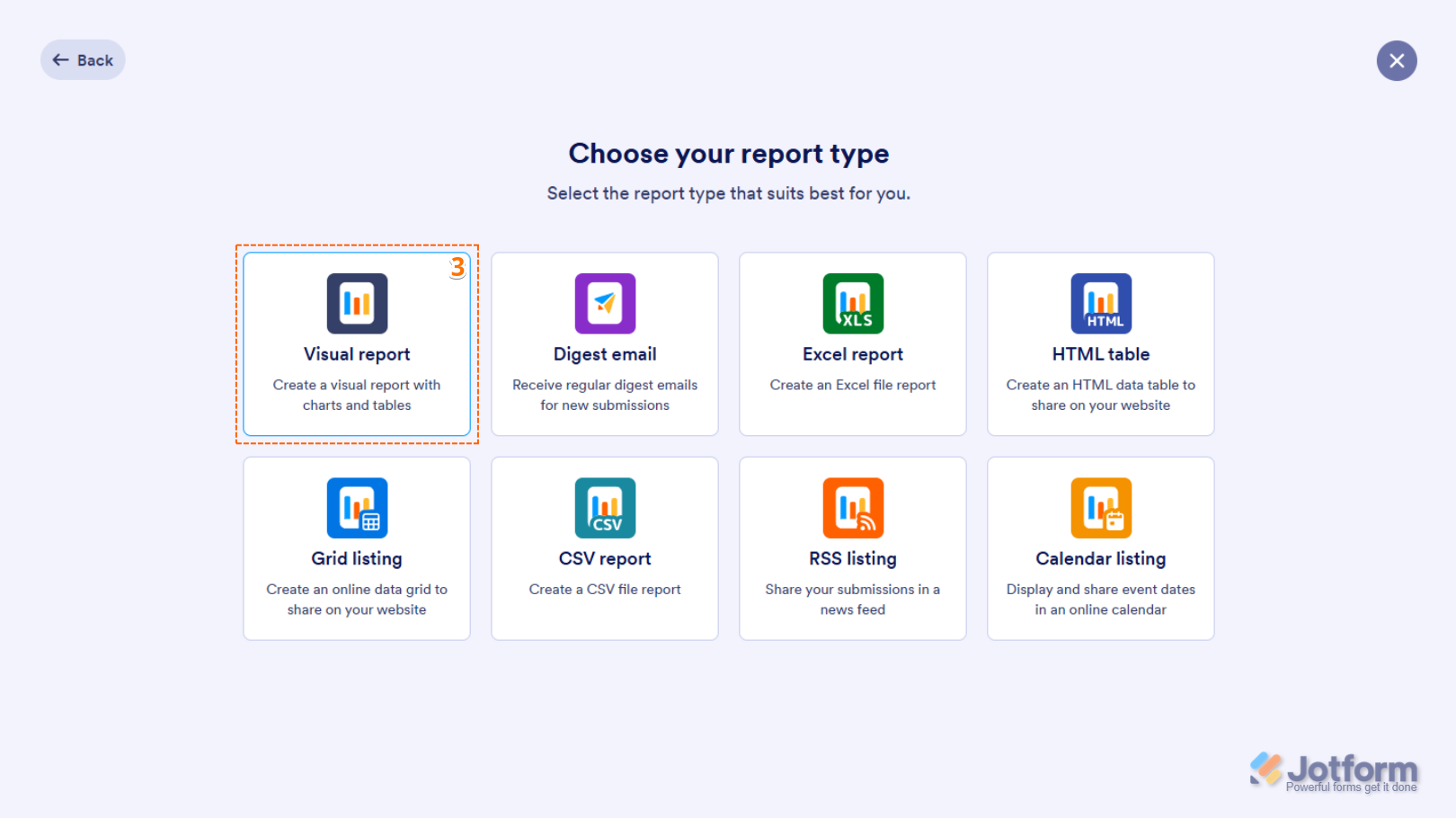 Visual Report option in the Select Report Type window on the Jotform My Workspace page
