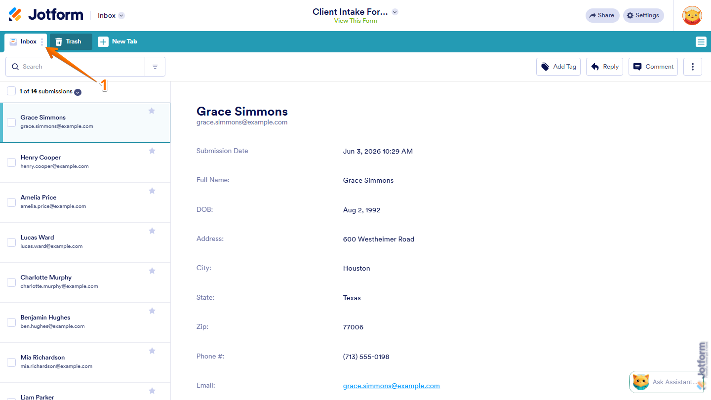 Jotform Inbox showing the Three Dots menu icon next to the Inbox tab on the left side of the page
