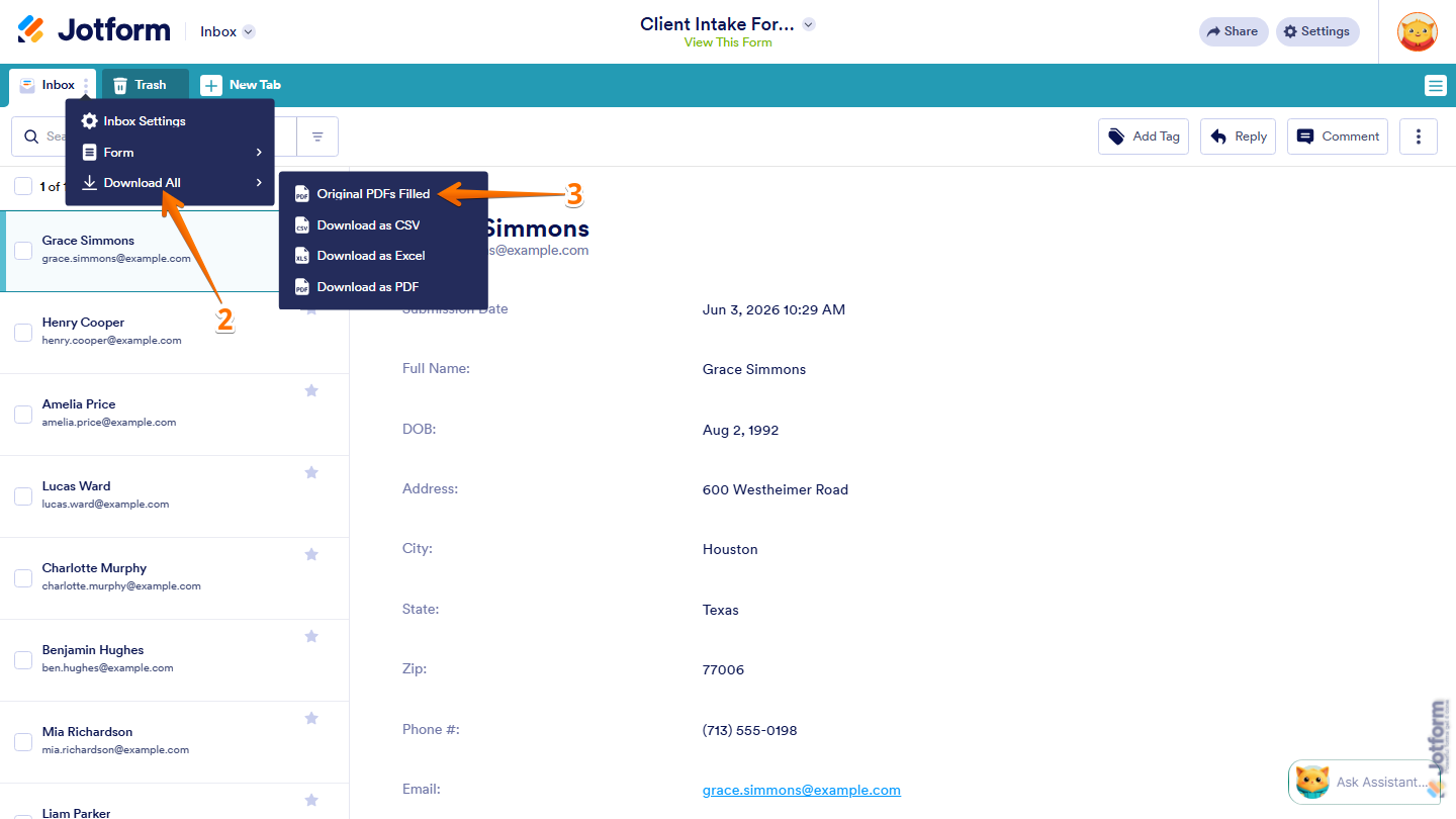 Jotform Inbox showing the Download All menu with Download as PDF selected and the Original PDFs Filled option chosen for exporting submissions