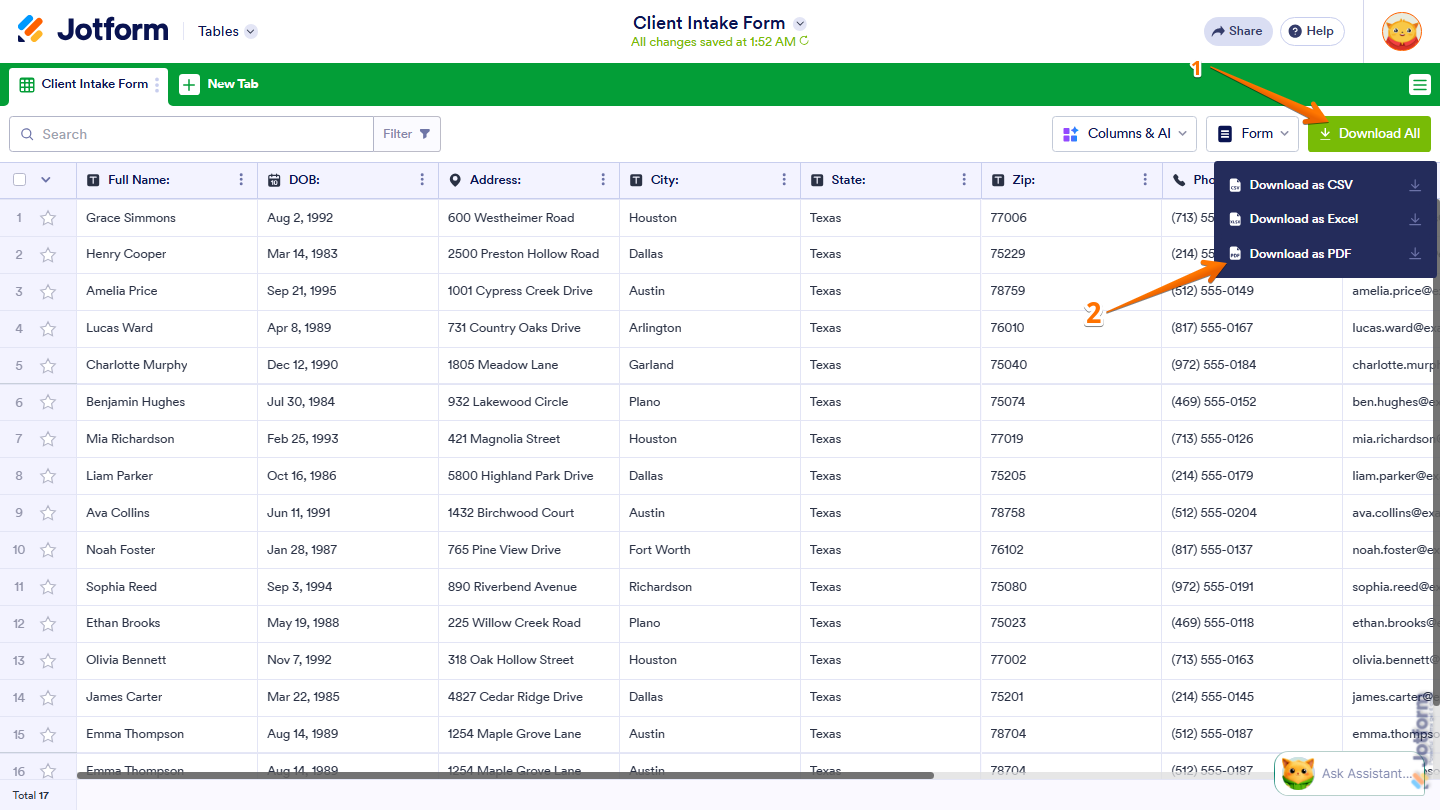 Jotform Tables showing the Download All menu on the upper-right side of the page with the Download as PDF option selected
