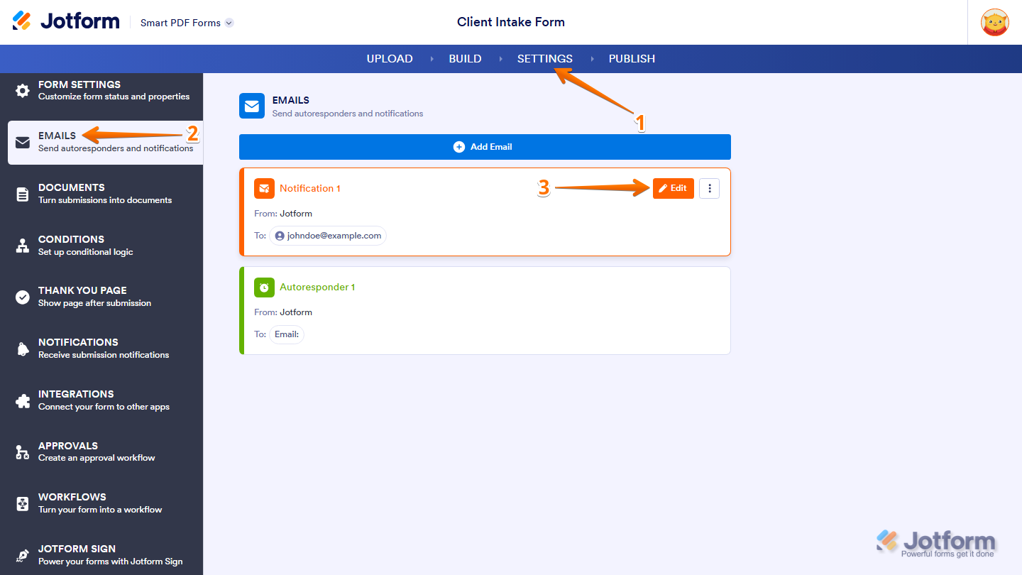 Smart PDF Forms Settings page showing Notification Email Edit option in Jotform