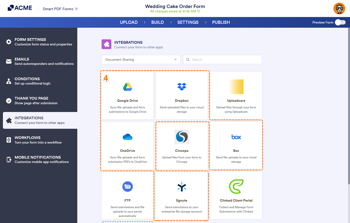 Supported Document Sharing integrations in the Integrations section under the Settings tab of Smart PDF Forms