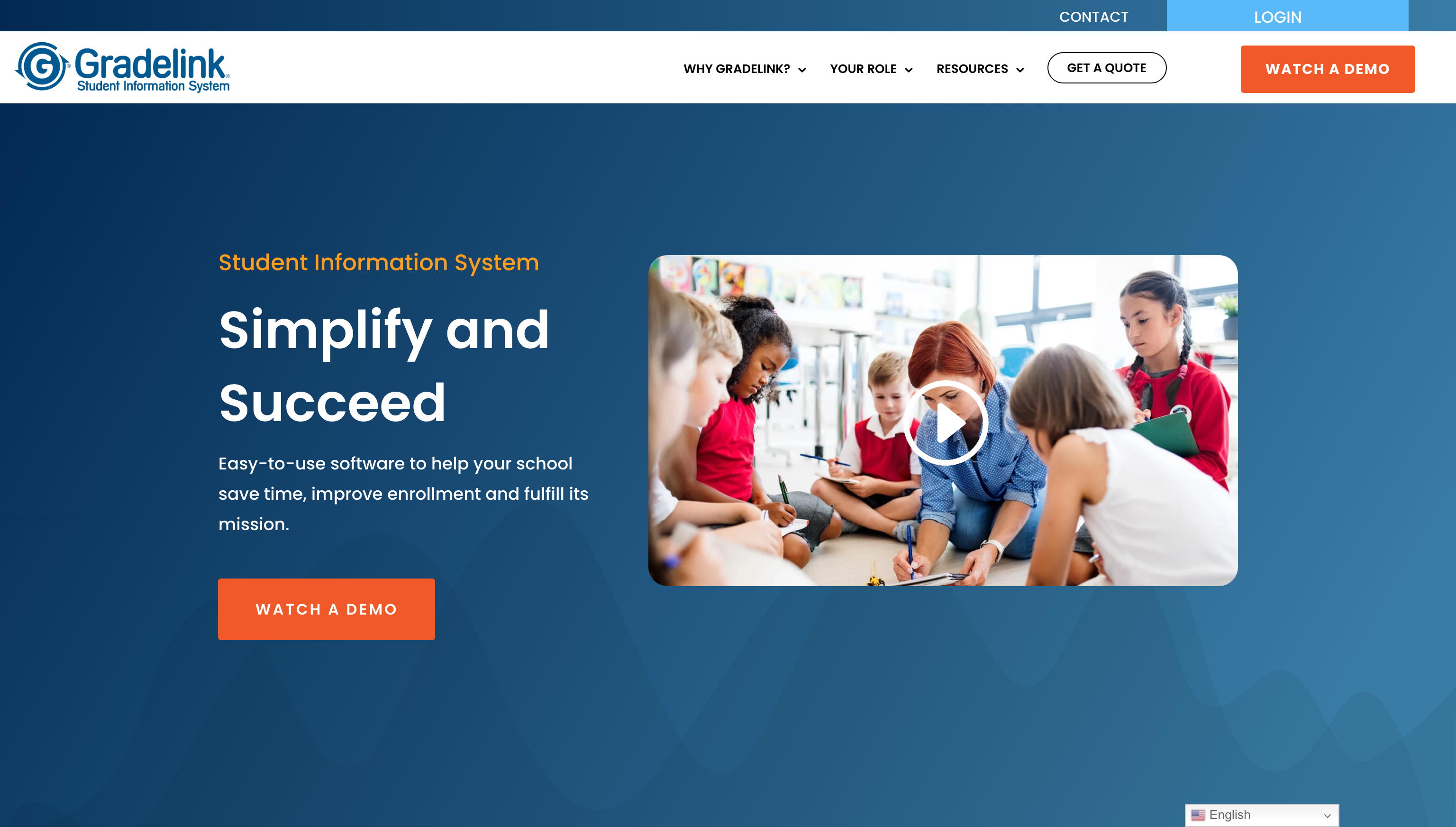 Gradelink homepage promoting its student information system with a demo option