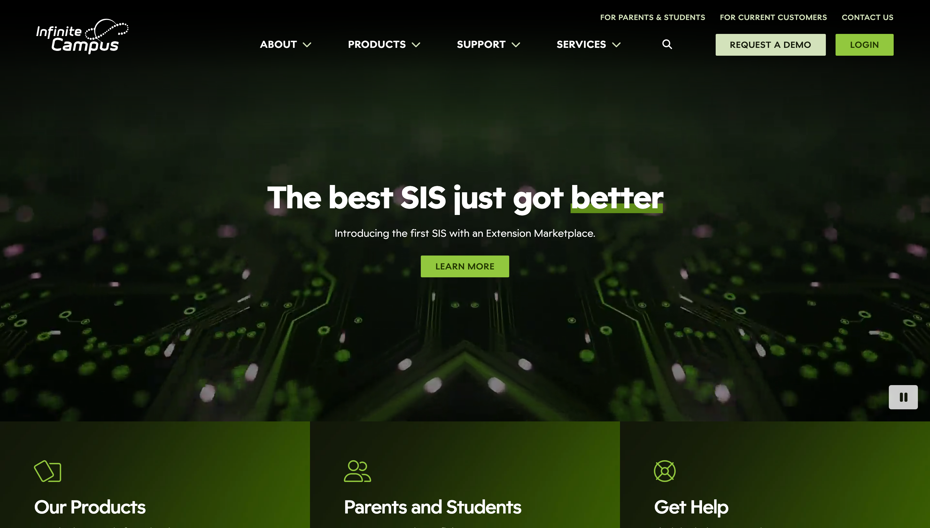 Infinite Campus homepage introducing its student information system and extension marketplace