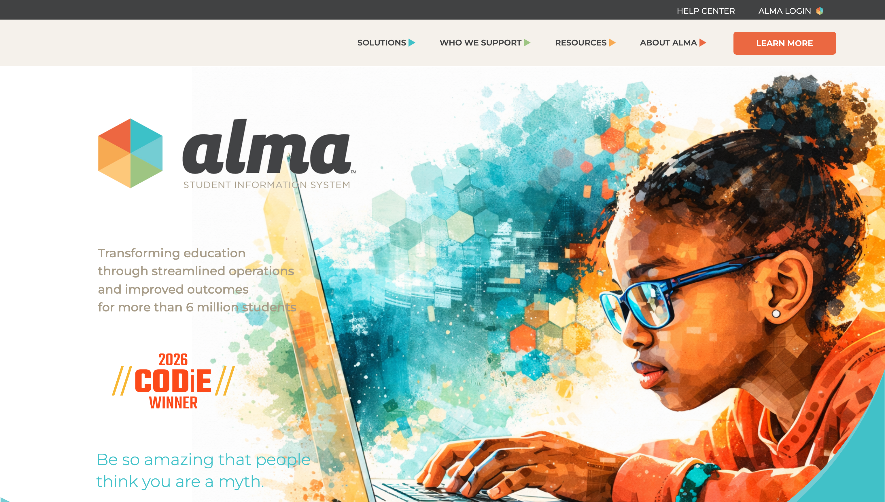 Alma student information system homepage highlighting streamlined school operations and improved outcomes