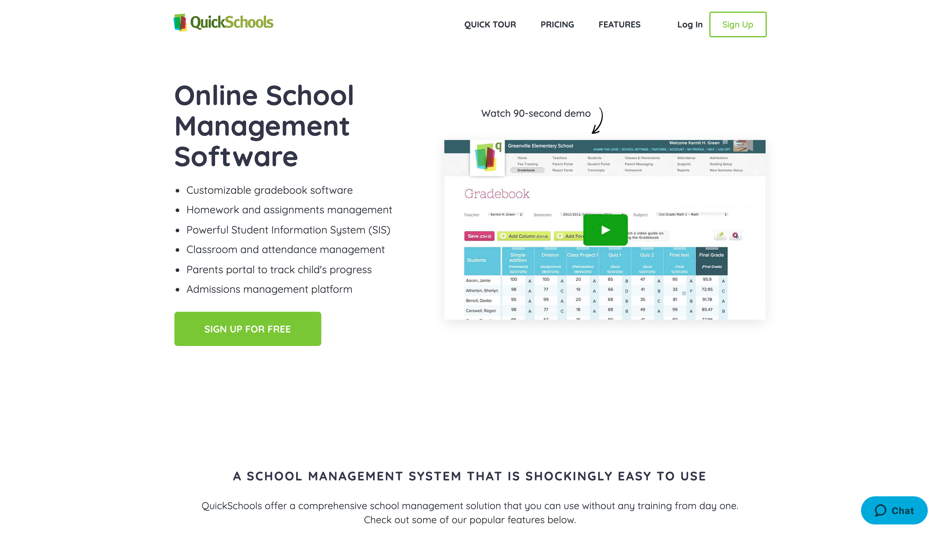 QuickSchools homepage showcasing online school management software features and a gradebook demonstration