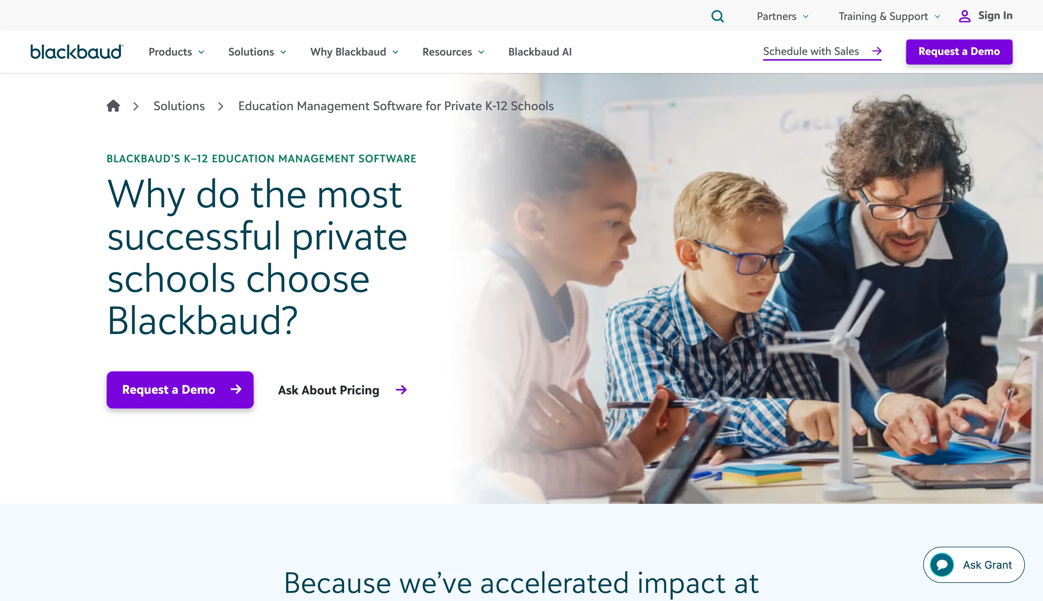 Blackbaud education management software page featuring private school solutions and demo options