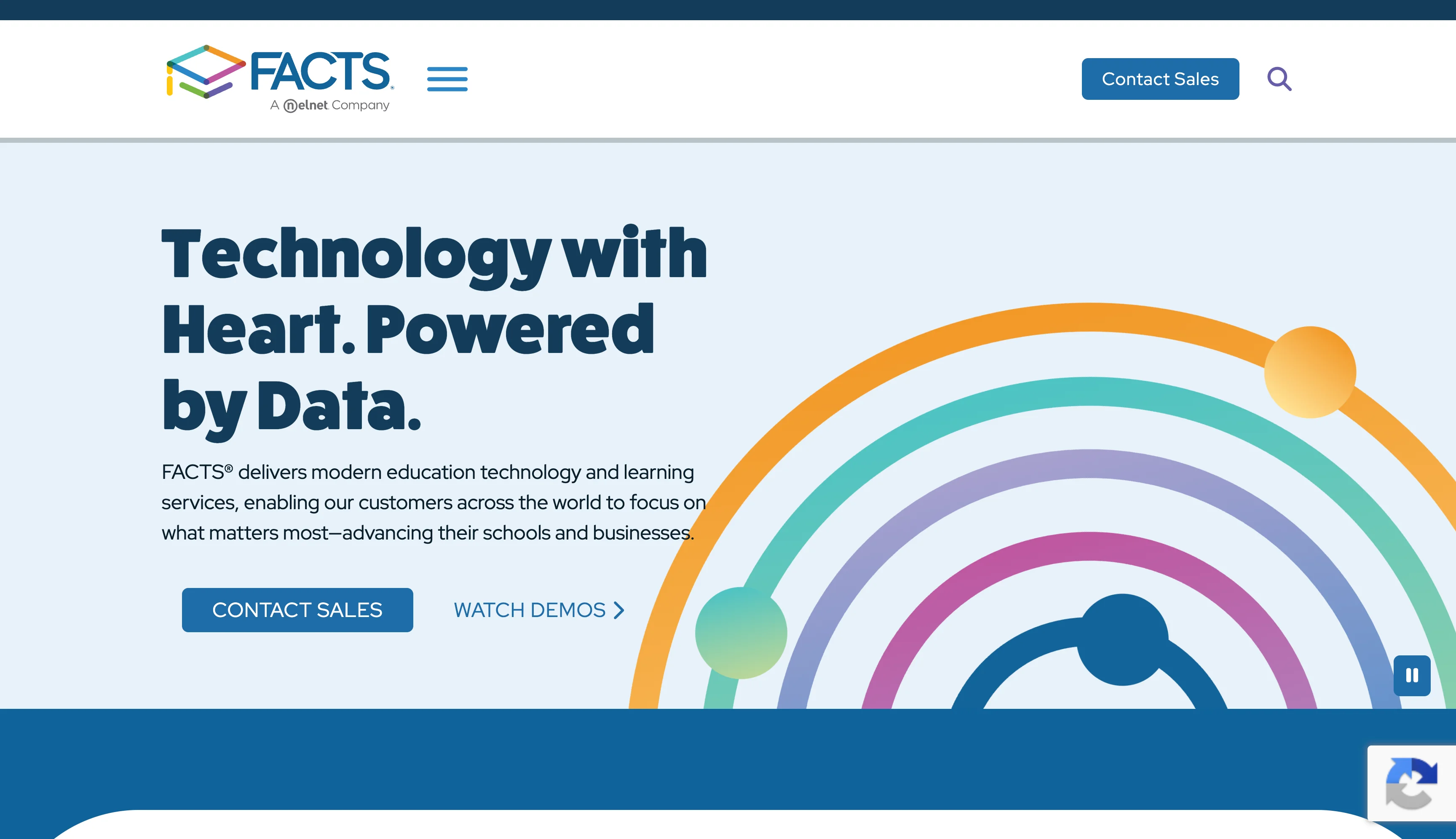 FACTS homepage presenting education technology and learning services with contact sales options