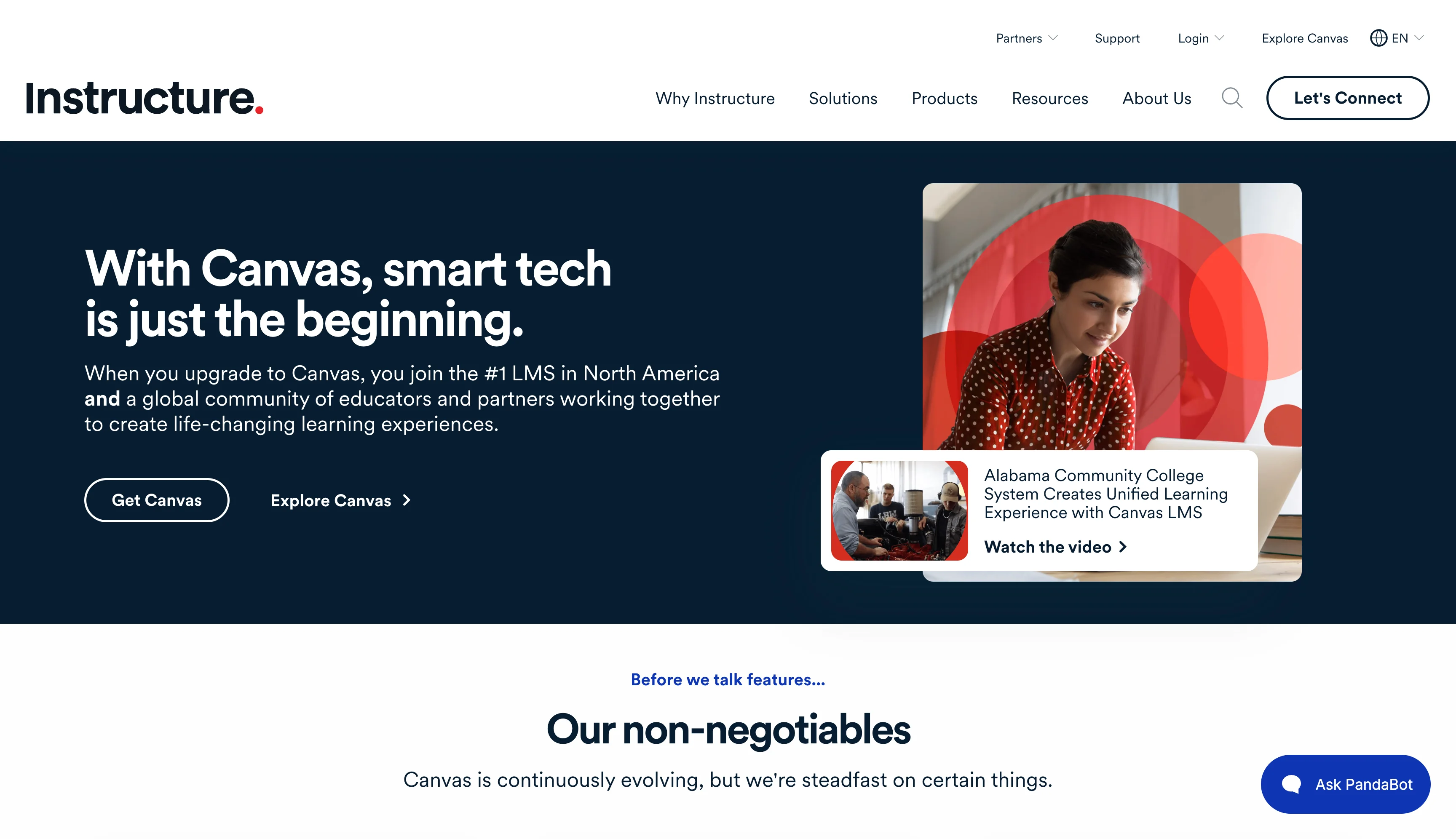 Instructure homepage promoting Canvas learning management software with product exploration options