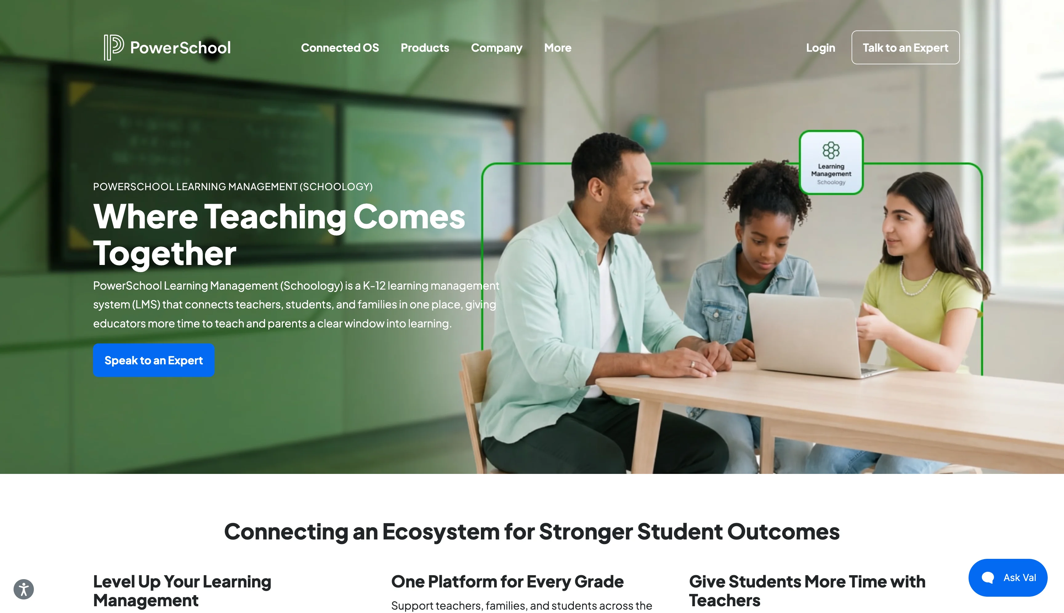 PowerSchool Schoology Learning homepage showing collaborative learning and classroom management solutions